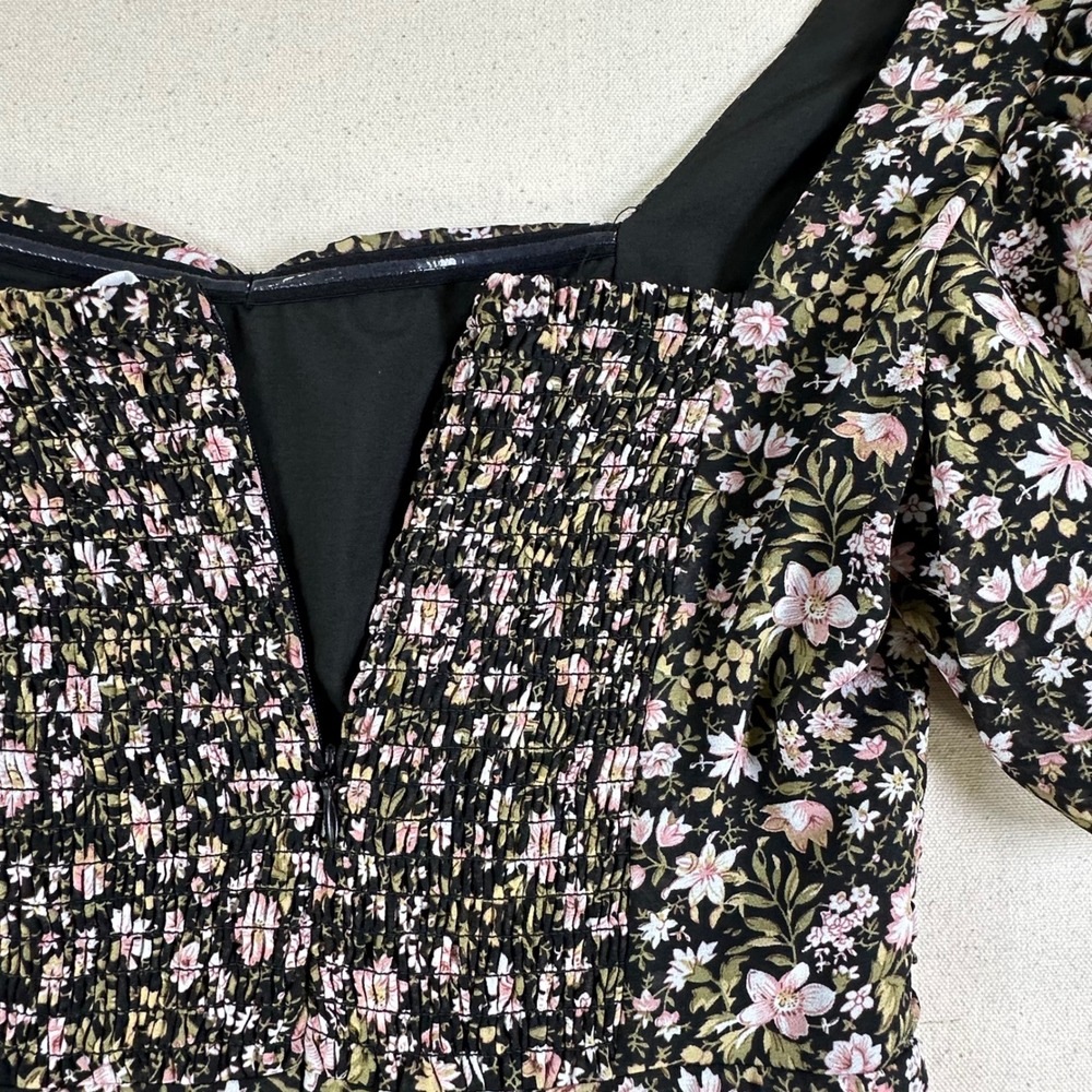 ASTR The Label Black Pink Ditsy Floral Puff Sleeve Asymmetric Midi Dress Small - Picture 3 of 12